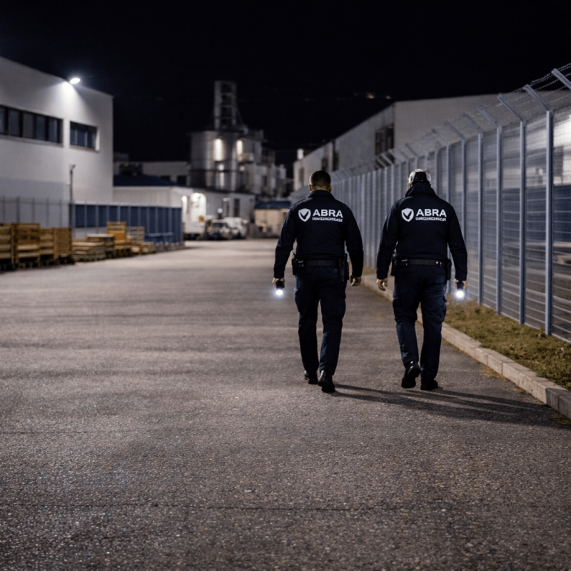 Professioneller Objektschutz mit Kontrollgang auf einem Betriebsgelände und gesichertem Außenbereich